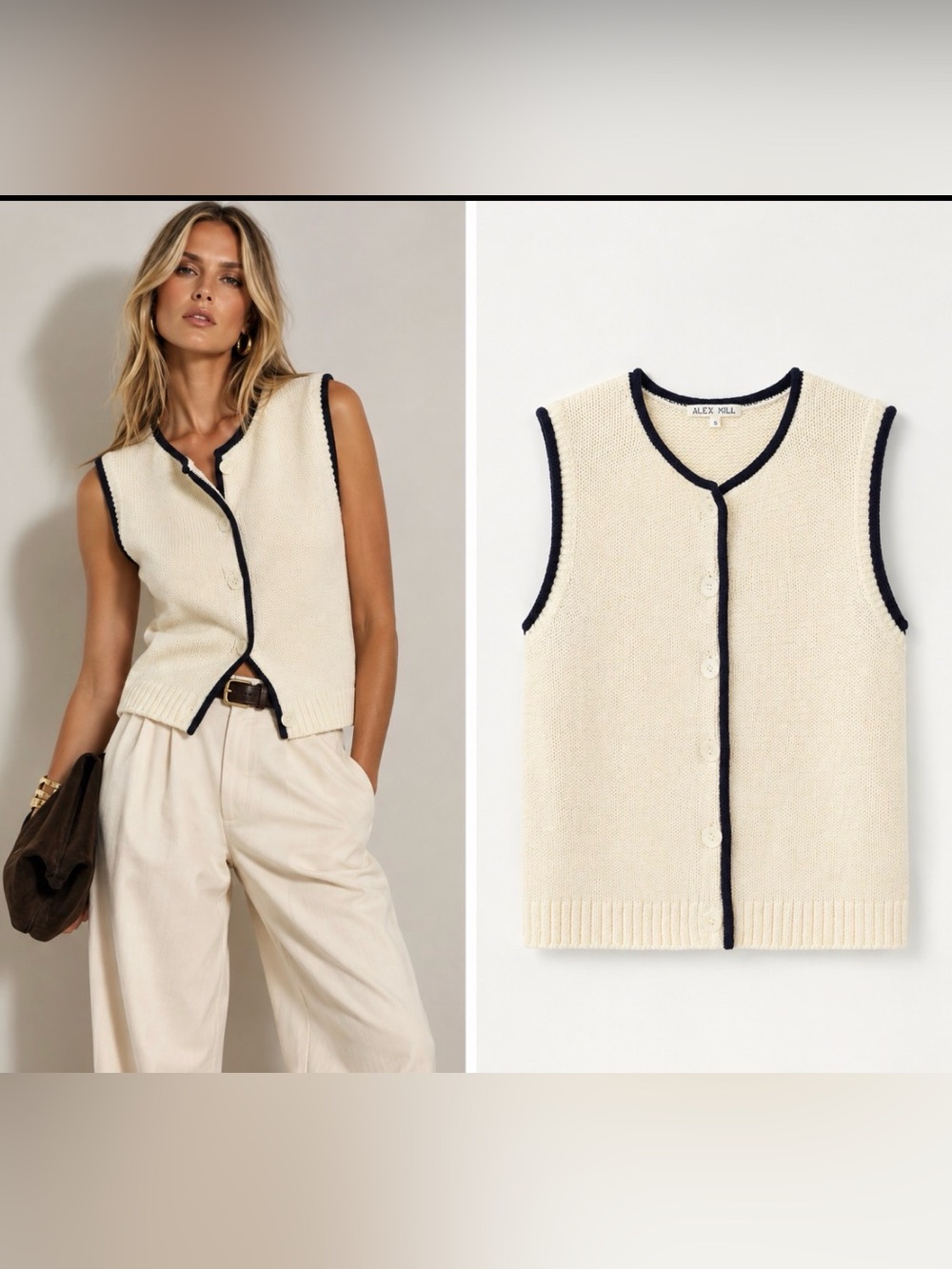 New! Alex Mill Bridget Tipped Sweater Vest Ivory Navy Size S